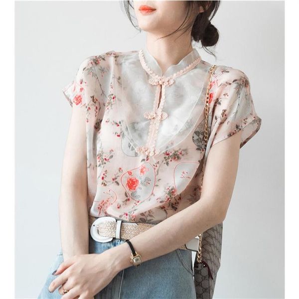 Женские китайские топы в стиле ретро с коротким рукавом, традиционный стиль, ретро блузка с цветочным принтом, летние шелковые атласные женские рубашки с пряжкой в этническом стиле2914