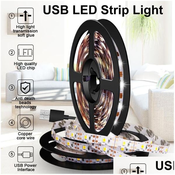 Luzes noturnas USB Strip LED Light TV Fita Flexível Fita 5V Gabinete Lâmpada Decoração 0.5M 1M 2M 4M 5M 2835 Gota Entrega Iluminação Indo Otfsm