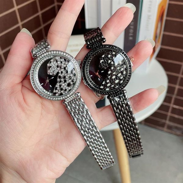 Marca de moda relógios feminino menina colorido cristal leopardo estilo aço banda metal bonito relógio pulso c63229i