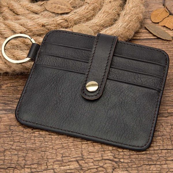 Portafogli Semplice Casual Porta carte di credito in pelle di vacchetta sottile tinta unita con portachiavi Borsa portatile multiuso di grande capacità per uomo Gioventù maschile