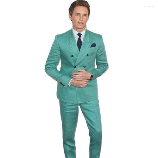 Ternos masculinos mais recentes calças de casaco design hortelã verde duplo breasted masculino fino ajuste 2 peças formal smoking personalizado noivo baile blazer calças