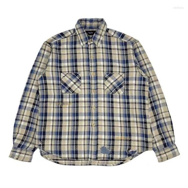 Camisas casuais masculinas vujade 004 camisa de manga longa 2023 outono vibração flanela perfurada vintage xadrez casaco kenijima unisex moda
