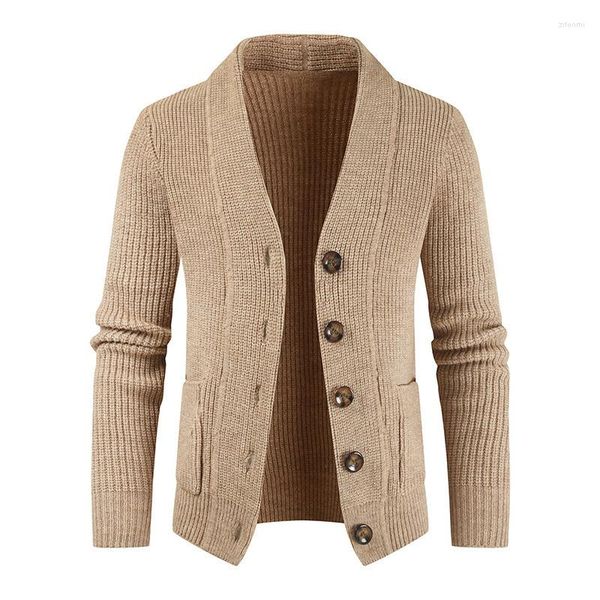 Camisolas masculinas Khaki Cardigan Homens Camisola de Algodão Manga Longa Mens V-Pescoço Solto Botão Sólido Tops Fit Tricô Casual Estilo Roupas