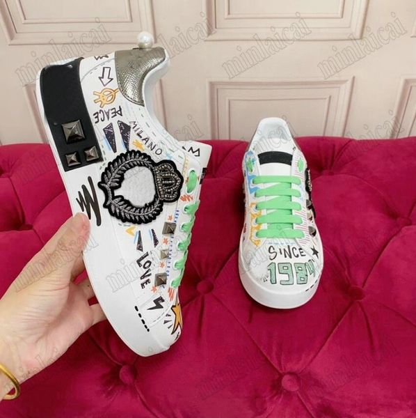 Scarpe da ginnastica Portofino Cuore in pelle bianca di alta qualità Scarpe firmate con patch Sneaker Portofino King of Love Flower Diamond Platform Scarpe casual da donna