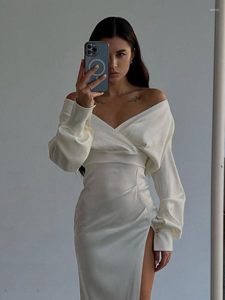 Vestidos casuais outono inverno elegante midi vestido v pescoço alta divisão bodycon manga longa festa de luxo noite férias para mulheres 2023