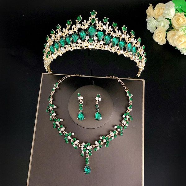 Colar brincos conjunto barroco cor de ouro verde cristal nupcial feminino strass tiaras coroas casamento dubai jóias