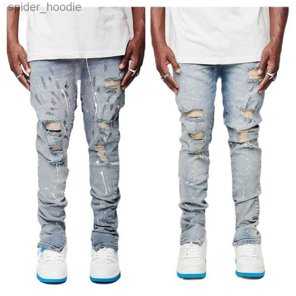 Jeans masculinos 2022 nova moda jeans rasgados para homens na moda magro pintura artesanato denim lápis calças rua hipster calças roupas masculinas XS-XL l230921