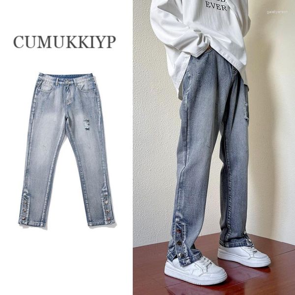 Jeans masculinos CUMUKKIYP Cool And Trendy Vibe Street - Slim Fit Preto Fechamento de botão lateral rasgado calças desgastadas