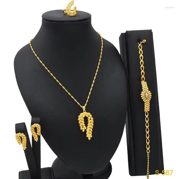 Halskette Ohrringe Set Dubai 24K Gold Farbe trendige afrikanische Blatt Anhänger Armbänder für Frauen Braut Party Hochzeit