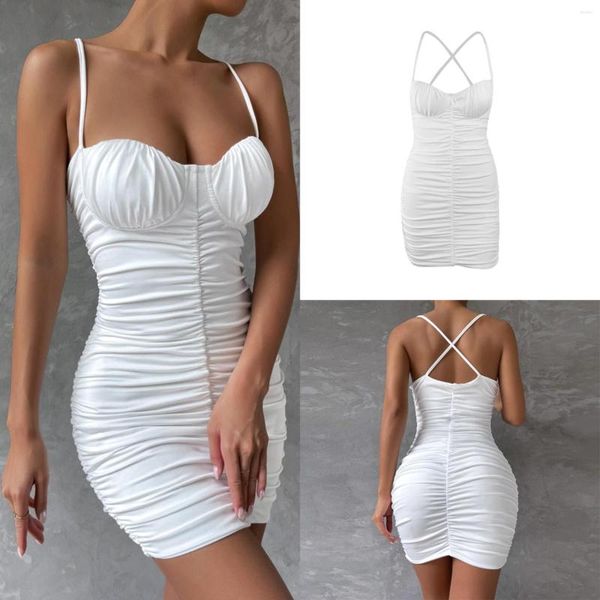 Casual Kleider Hosenträger Frühling Frauen Sommer Plissee Paket Hüfte Mit Brust Pads Sexy Mode Temperament Dünnes Kleid