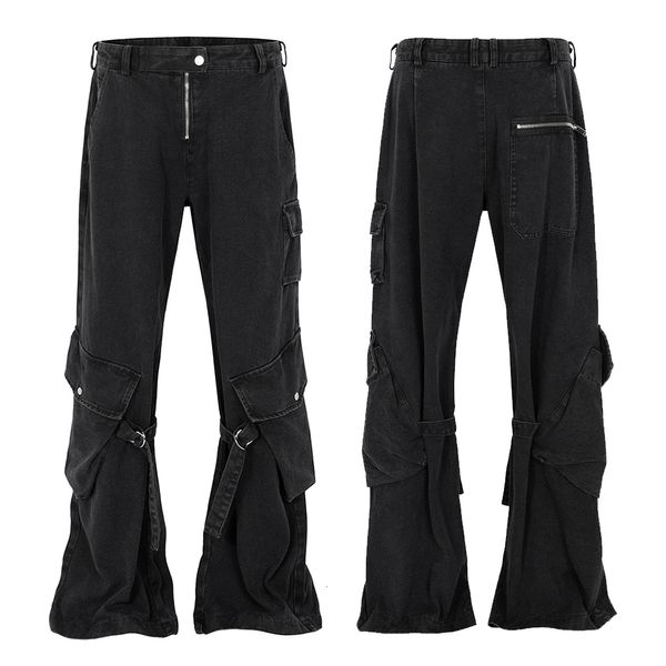 Herren Jeans Fashion Street Wear Schwarze Jeans Schlaghose Y2K Ribbon Multi Pocket Zipper Jeans Unisex HerbstWinter Herrenhose 230920