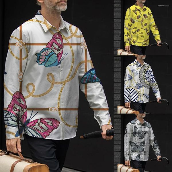 Camicie casual da uomo Camicia a maniche lunghe stampata con farfalla da uomo Colletto a fascia Abbottonatura T-shirt da festa