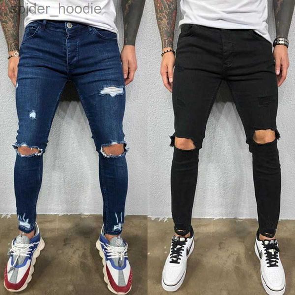 Jeans masculinos homens jeans joelho buraco rasgado estiramento skinny denim calças cor sólida preto azul outono verão hip-hop estilo slim fit calças s-4xl l230921