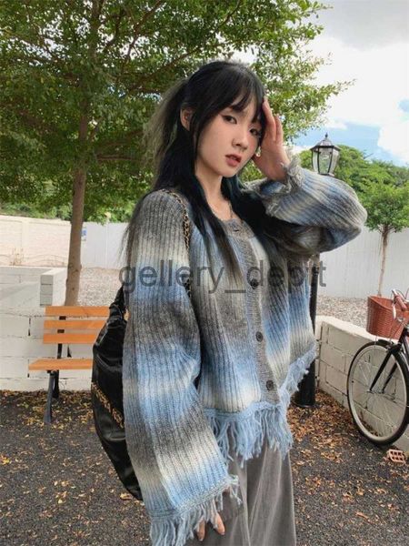 Kadın Sweaters y2k püskül kazak hırkalı kadın harajuku vintage kravat boya örgü mahsul ceketi sonbahar Kore gevşek gotik örgü üst kat 2023 j230921