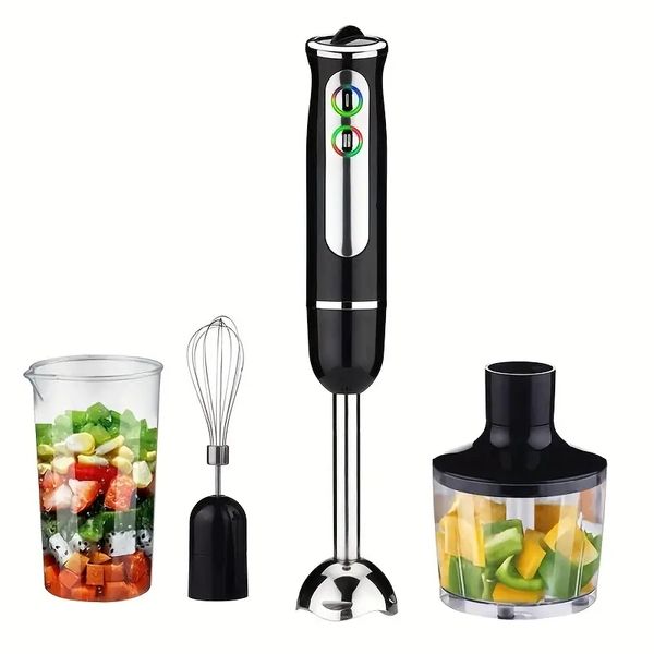 Liquidificador de imersão manual multifuncional 4 em 1, misturador de alimentos, 500 watts, 8 velocidades, com picador de processador de alimentos de 860 ml, copo de 600 ml, batedor de ovos