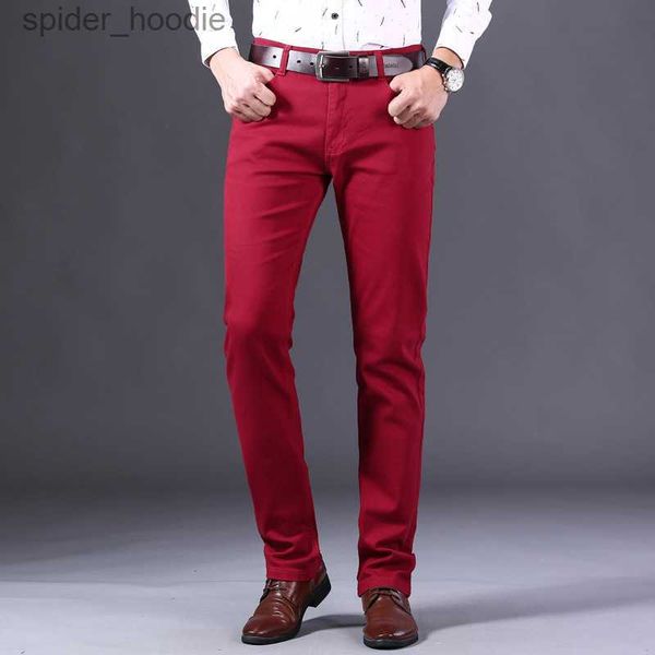 Calças de brim masculinas estilo clássico vinho vermelho jeans moda negócios casual em linha reta denim estiramento calças masculinas marca l230921