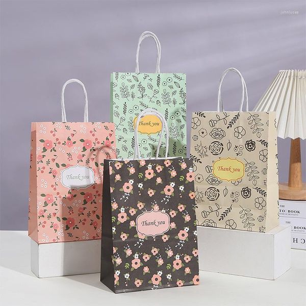 Envoltório de presente 5 pcs floral obrigado sacos de papel kraft para festa de casamento saco de embalagem de chá de bebê com alça bolsa de natal