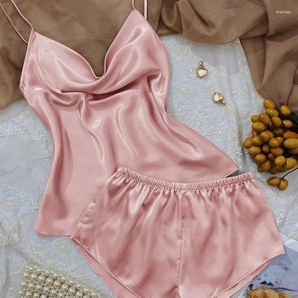 Kadın pijama 1set kadın buz ipek pijama pijama set kamerya şortu pembe siyah mavi m l xl seksi v boyun kesilmiş pürüzsüz yaz