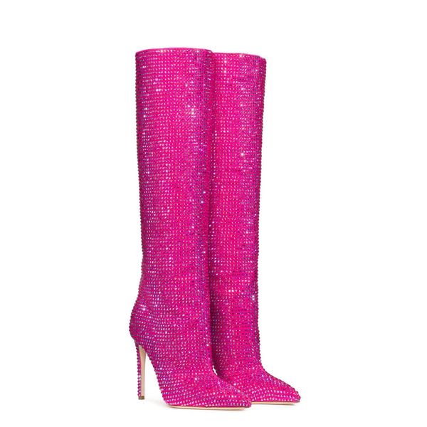 Сапоги черные, розовые, серебряные, со стразами, до колена для женщин, дизайнерские туфли на шпильке, пикантные свадебные осенне-зимние туфли 230921