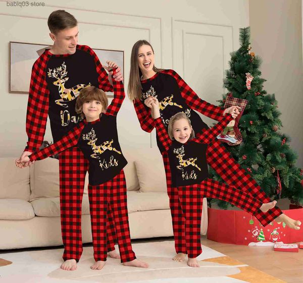 Família combinando roupas de Natal Pjs família combinando conjunto de roupas cervos xadrez preto vermelho natal pijamas casais bebê crianças mãe pai pai filha 2023 t230921