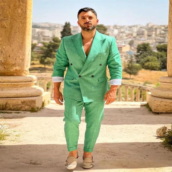 Costumes pour hommes dernière conception lin vert foncé petit ami luxe mariage coupe ajustée 2 pièces Gentleman vêtements sur mesure tenues