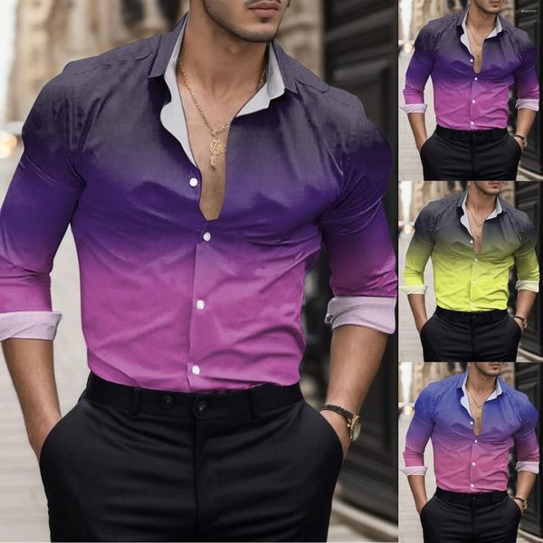 Homens Camisetas Tipo B Mens Moda Casual Gradiente Digital 3D Impresso Lapela Botão Camisa Top Pulôver