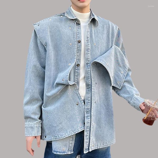 Camisas de vestido masculinas vintage homens denim retalhos lapela streetwear manga longa botão solto camisa moda coreano versátil hombre camisa casacos