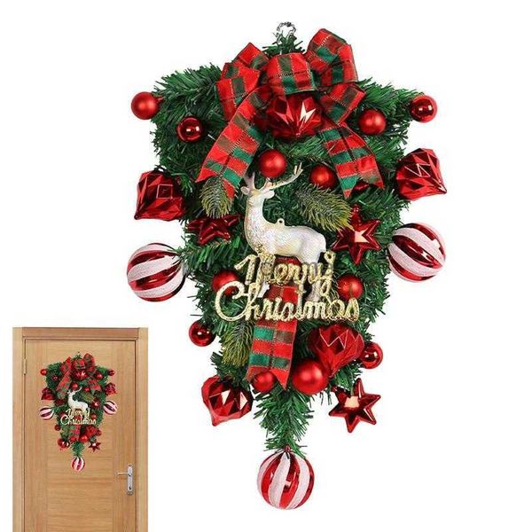Decorações de Natal Guirlanda de Natal com laço vermelho com lâmpada arco rena guirlanda de porta de inverno para porta frontal jardim escada de parede decoração de casa hkd230921