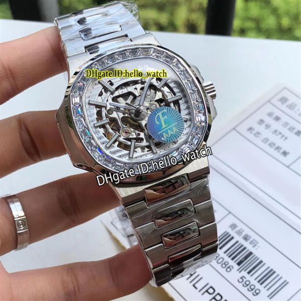 Novo esporte 5713 1 5711 1A esqueleto branco Dial HK 4813 relógio automático masculino grande moldura de diamante pulseira de aço inoxidável PPHW relógios 254P