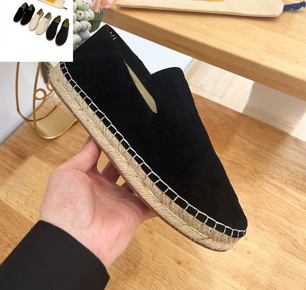 Scarpe da donna Espadrillas intrecciate in paglia di lusso Scarpe da donna in velluto di alta qualità Appartamenti Comodi mocassini con punta tonda Scarpe da pescatore con fiori in cotone da donna