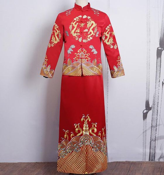 Этническая одежда Жених Свадебные тосты Костюмы Мужской Красный Cheongsam Китайский стиль Жених Платье Куртка Длинное платье Традиционный Китай Qipao Для
