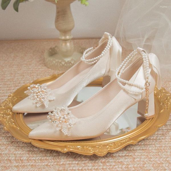 Sapatos de vestido estilo francês noiva dama de honra branco pérola salto alto salto alto casamento para mulheres