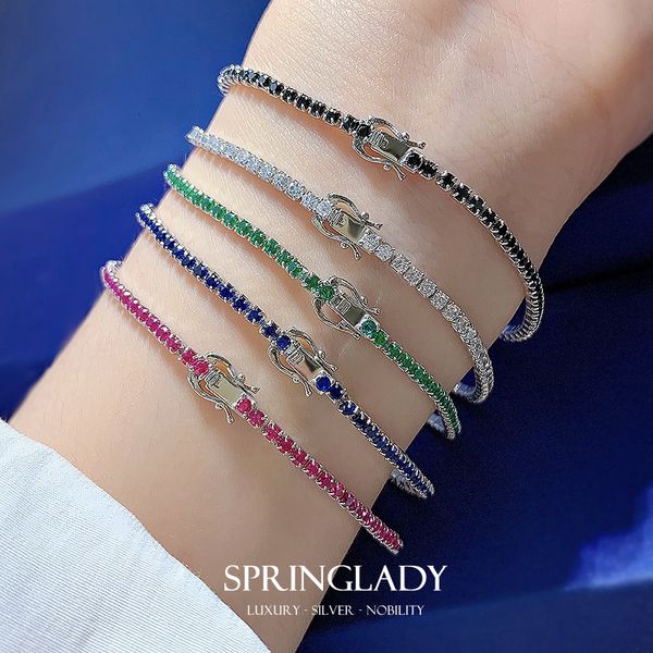 Charme Pulseiras SpringLady Sterling Silver Lab Sapphire Emerald Ruby High Carbon Diamonds Gemstone Tennis Chain Pulseira Bangle Fine Jewelry 230921