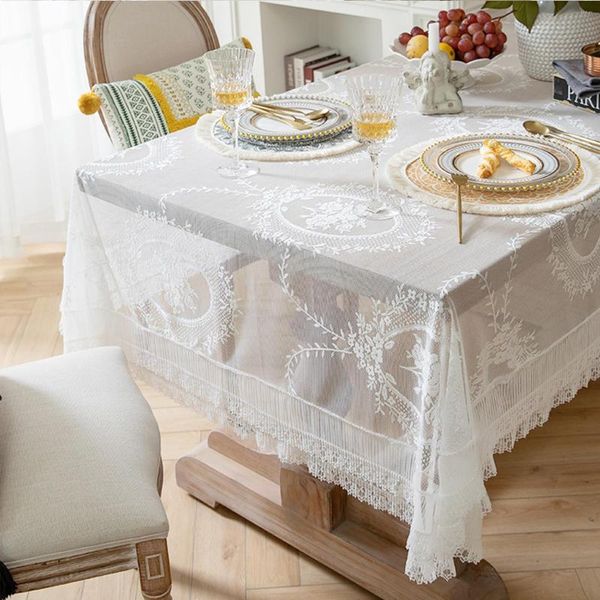 Toalha de mesa de renda de luxo, toalha de mesa para sala de estar, quarto, romance francês, festa, decoração bordada branca