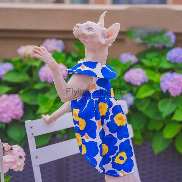 Trajes de gato Devon Rex Kitten Malha de algodão respirável floral saia azul anti-perda de cabelo roupas de renda para gato Sphynx Sphinx vestidos de gato sem pêlos HKD230921