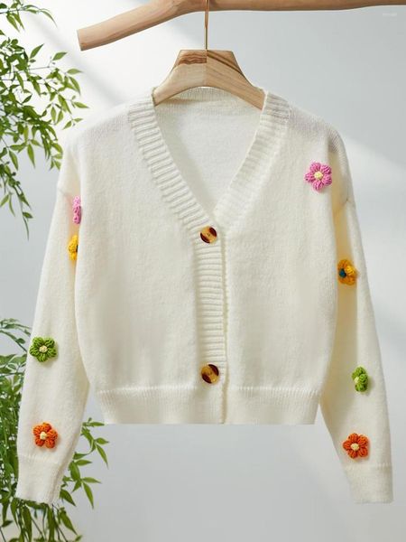 Malhas femininas botão para baixo blusas casual flor aconchegante malha manga longa cardigan streetwear roupas de outono