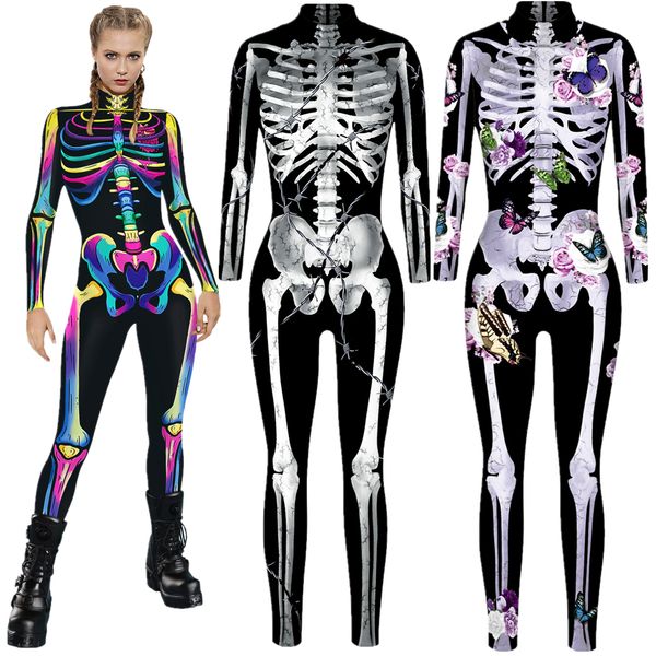Trajes de catsuit esqueleto crânio fantasma feminino sexy magro macacão catsuit cosplay trajes zentai festa de halloween bodysuit
