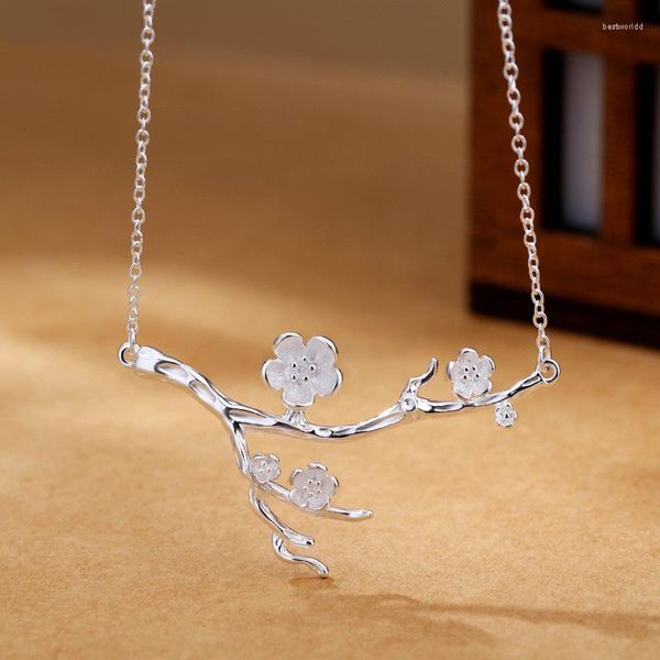 Catene FoYuan Collana color argento con fiori di pruno per clavicola da donna con gioielli dal design elegante e artistico