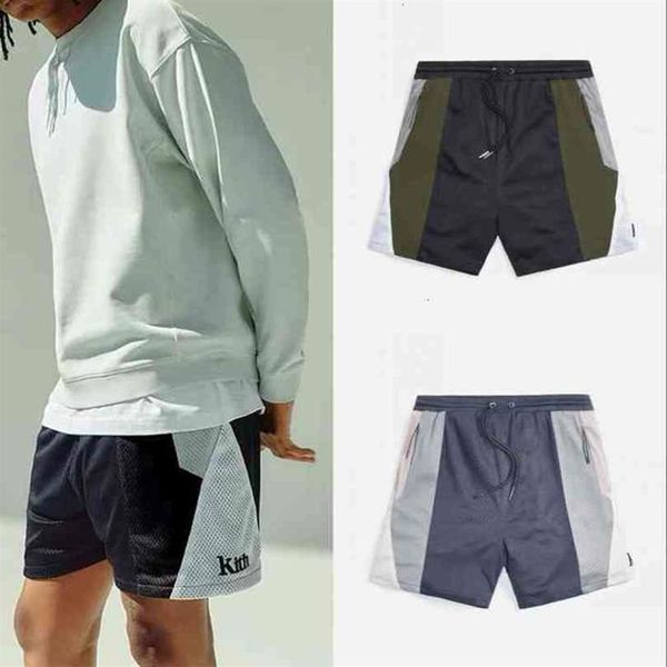 Camiseta de manga curta tecido masculino feminino bainha bordado kith shorts com zíper bolsos malha calças retalhos cor board303d