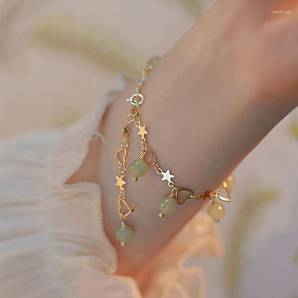 Link Armbänder Hetian Jade Armband Für Frauen Trendy Stern Herz Quaste Charme Mädchen Schmuck Zubehör Glück