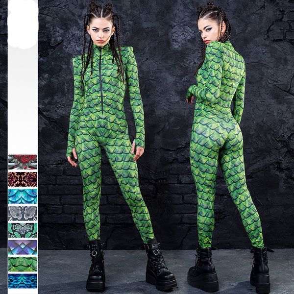 Catsuit Kostüme Damen Schlangenmuster Pfau 3D Overall Catsuit Fischschuppe Sexy Frauen Cosplay Kostüme Zentai Weibliche Halloween Party Body