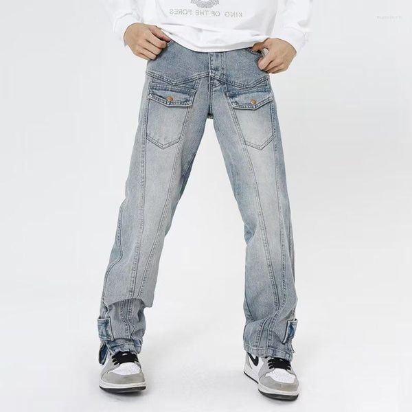 Calças de brim masculinas homens piso esfregando hip hop vintage casual em linha reta baggy denim calças streetwear skate calça neutra 5033