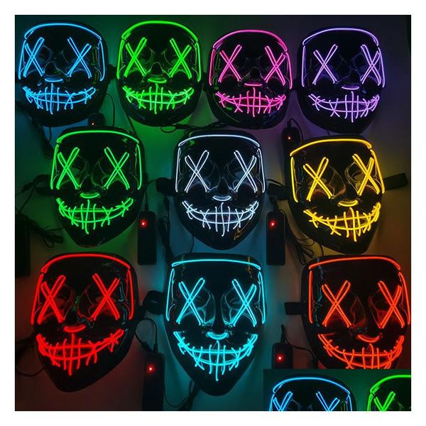 Máscaras de festa LED Máscara Halloween Masquerade Neon Light Glow In The Dark Horror Glowing Masker Mixed Color Drop Delivery Home Gard Dhmdq