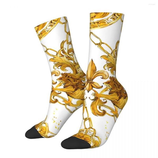 Herrensocken Vintage Luxus Textil Goldener Löwe und Damast Unisex Neuheit Nahtlos bedruckt Happy Crew Socken Geschenk