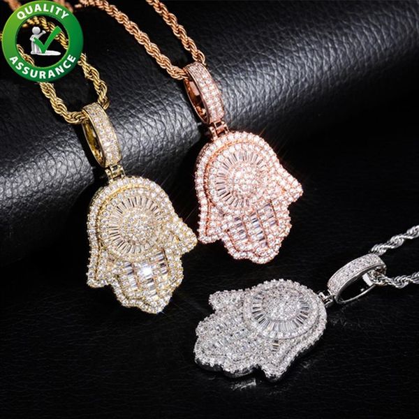 Ciondolo mani di hamsa micro ghiacciato placcato oro 14K da donna Hip Hop con 24 collane a catena in corda Gioielli Hiphop Diamo2253