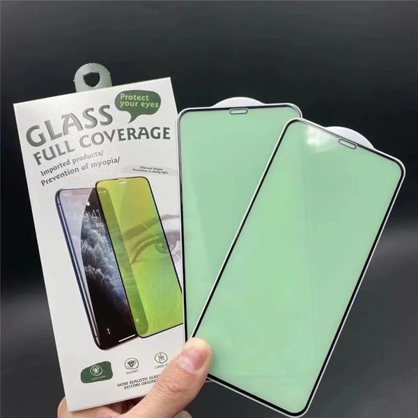 9H Proteção para os olhos Vidro temperado de luz verde para iPhone 15 14 13 12 Pro Xs Max Xr Celular de cobertura completa Samsung Galaxy M30 A40S A50 Vidro protetor de tela com caixa de varejo