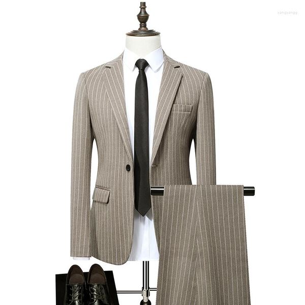 Мужские костюмы 2023, осенне-зимний мужской полосатый костюм из 2 предметов, приталенный деловой костюм для свадьбы, выпускного вечера, пиджаки и брюки, размер 4XL-S