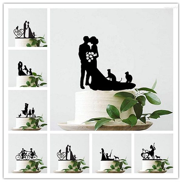 Forniture festive Topper per torta nuziale - Sposa in attesa dello sposo con fiori oltre a 2 decorazioni con silhouette di cani da compagnia
