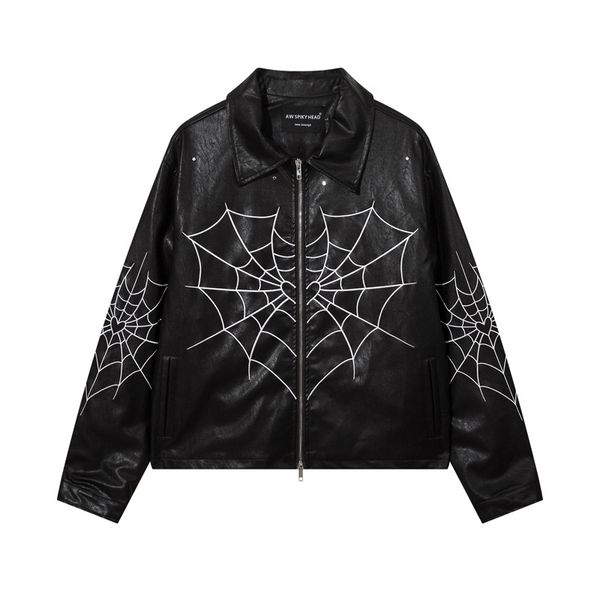 Hip Hop Jaquetas De Couro Zip Outerwear Lapela Coração Aranha Teia Bordado Homens Casacos Ovesizados Casaco Masculino Moda Casual Tamanho Grande Casual Tops Tamanho EUA