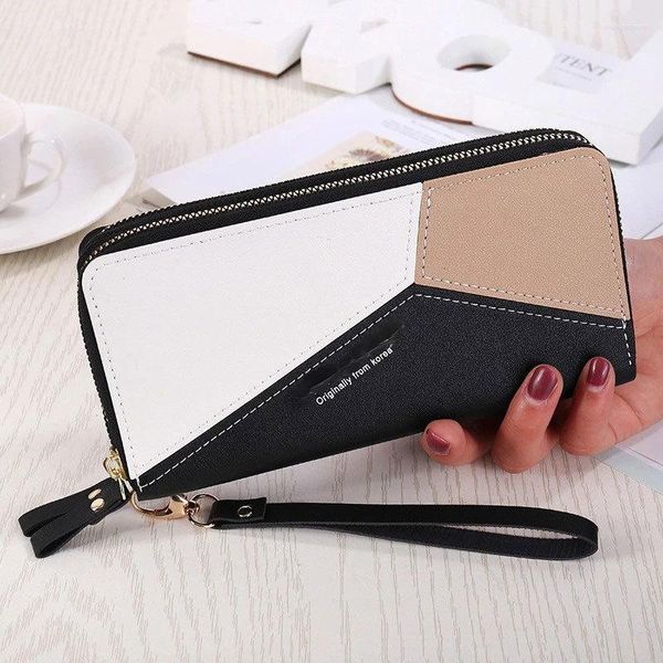 Portafogli Patchwork geometrico Cuoio PU Donna Doppia cerniera Borse da polso lunghe Design nappa Pochette Portafoglio Porta carte femminile 2023